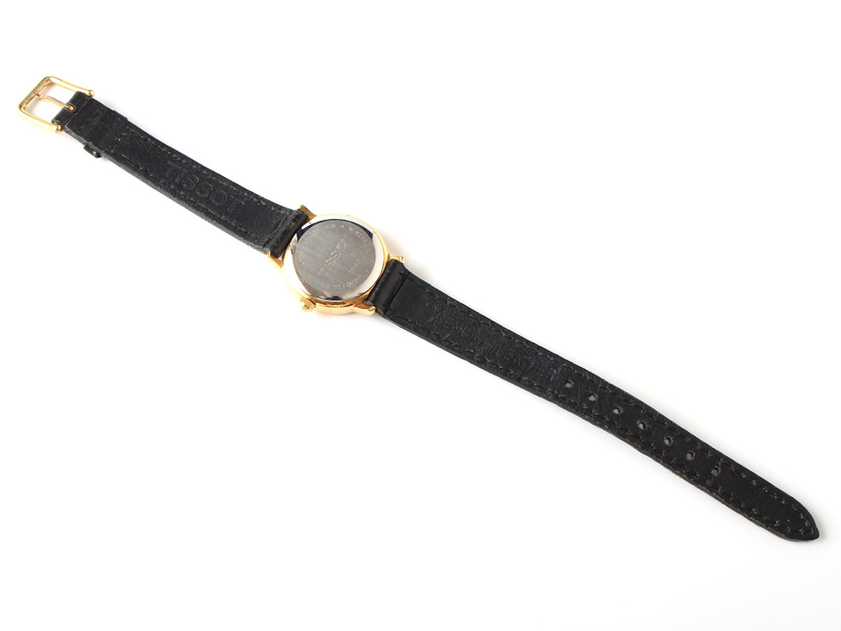 E17003 美品 TISSOT ティソ 腕時計 ゴールド×ブラック 黒 アナログ 2針 C225K レザーベルト 本革 SWISS MADE 動作未確認_画像3