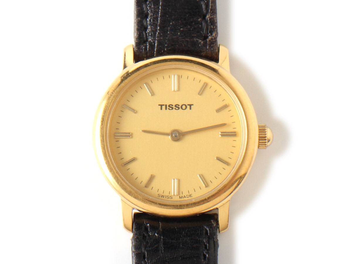 E17003 美品 TISSOT ティソ 腕時計 ゴールド×ブラック 黒 アナログ 2針 C225K レザーベルト 本革 SWISS MADE 動作未確認_画像1
