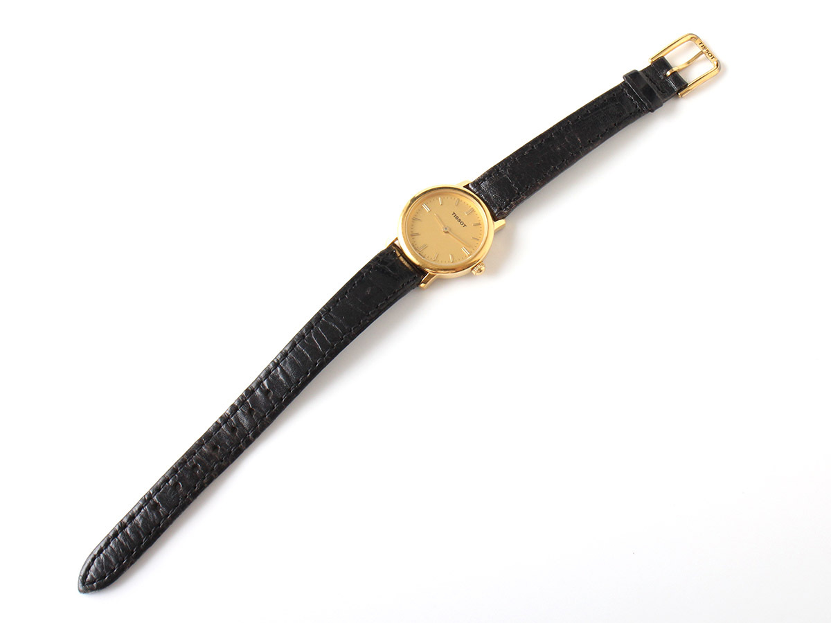 E17003 美品 TISSOT ティソ 腕時計 ゴールド×ブラック 黒 アナログ 2針 C225K レザーベルト 本革 SWISS MADE 動作未確認の画像2