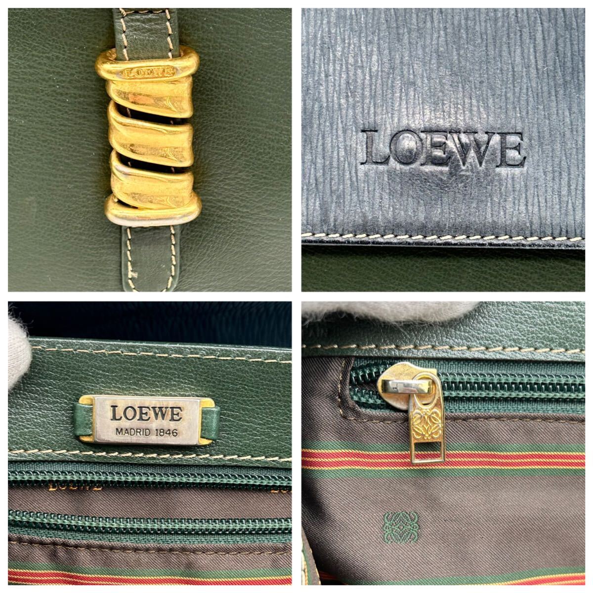 ●高級●LOEWE ロエベ ベラスケス ワンショルダーバッグ トートバッグ 鞄 かばん ゴールド金具 アナグラム 本革 レザー 肩掛け可 緑 紺の画像10