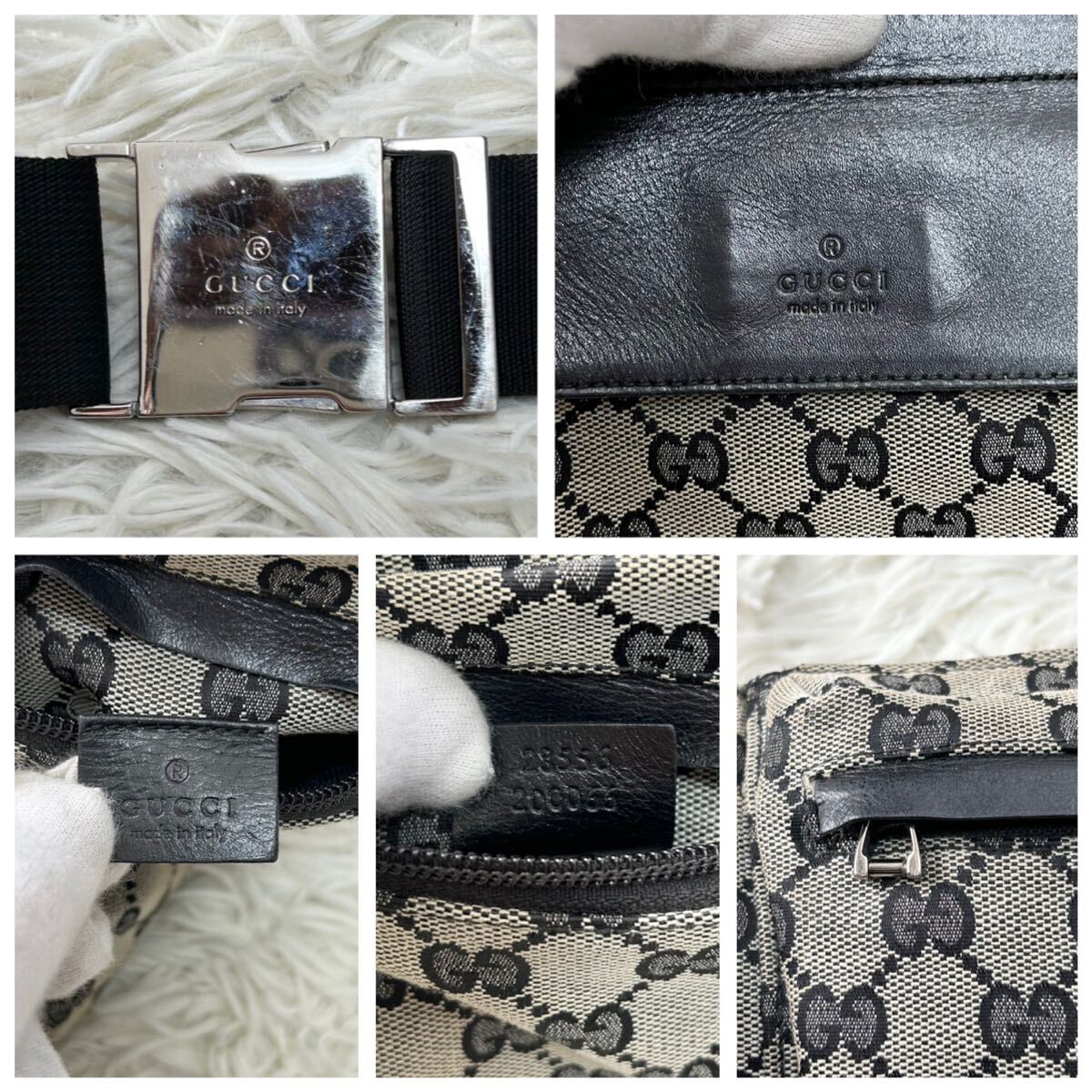 ●高級●GUCCI グッチ ボディバッグ ウエストポーチ ショルダーバッグ 鞄 かばん GG柄 レザー キャンバス 斜め掛け可 メンズ 黒 グレー系