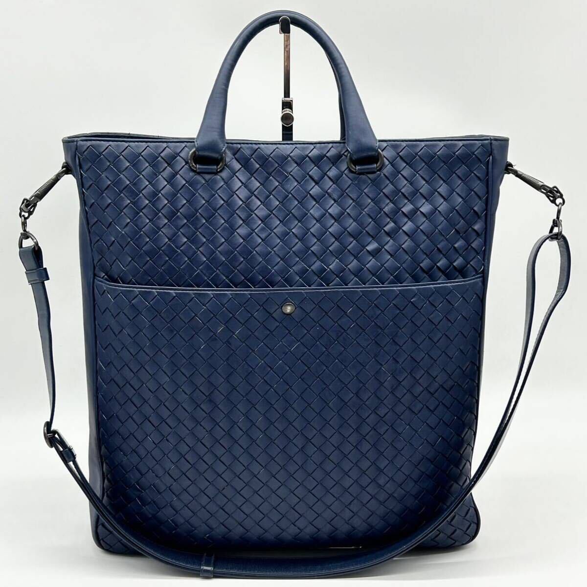 ●美品 大容量●BOTTEGA VENETA ボッテガヴェネタ 2way トートバッグ ビジネスバッグ ショルダー 鞄 かばん イントレチャート レザー 青