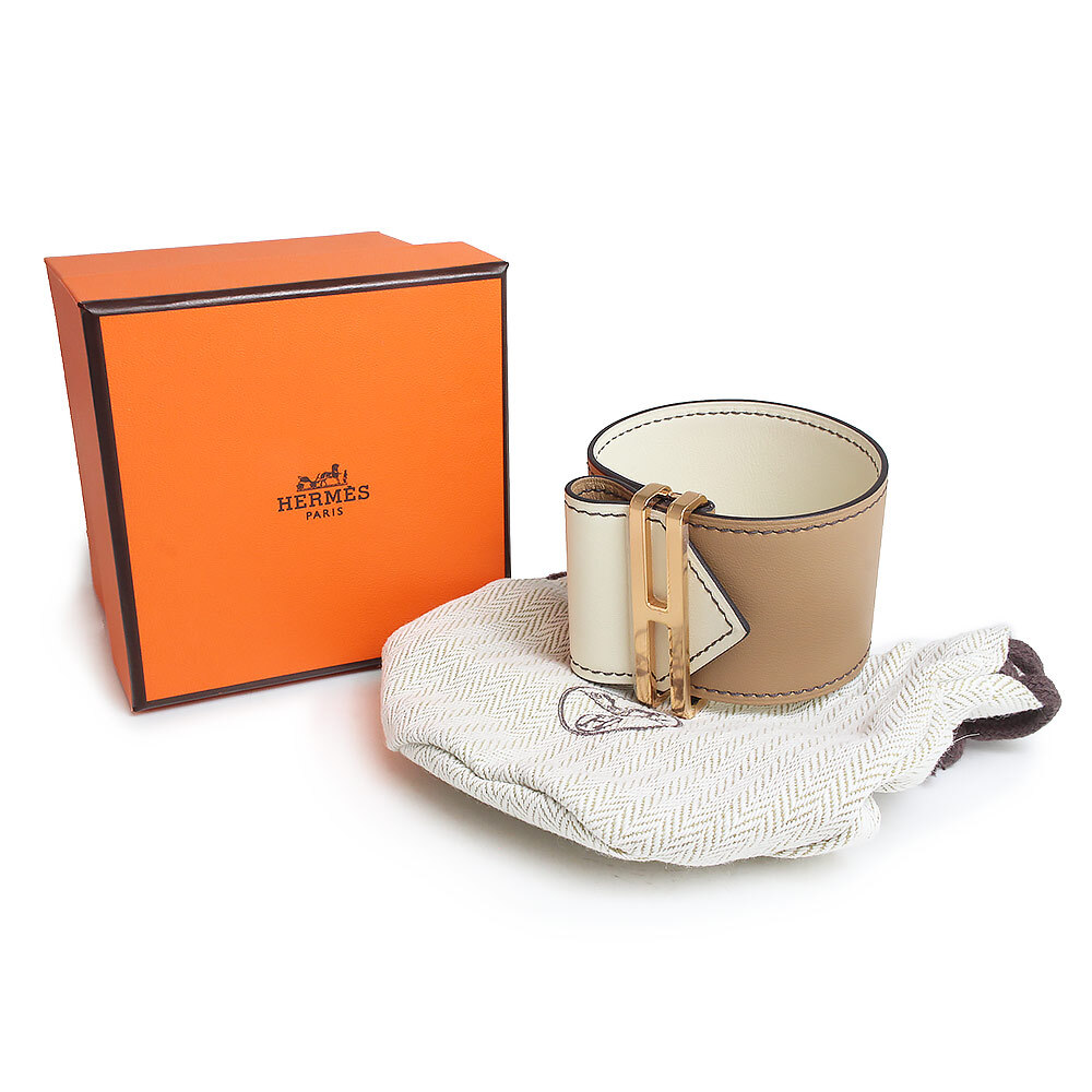 （新品・未使用品）エルメス HERMES エラン ブレスレット #T2 スイフト チャイ ナタ ブラウン ホワイト 茶 白 ピンクゴールド金具 U刻印