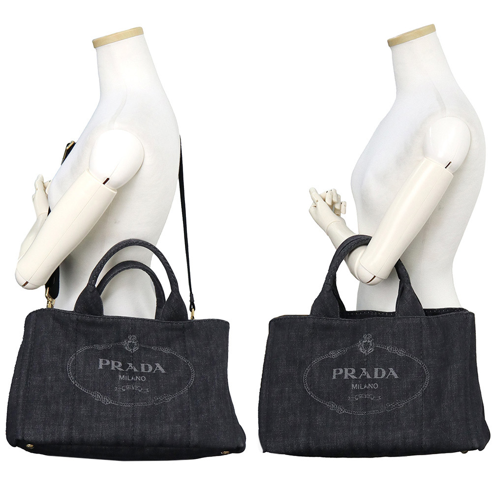 （中古）プラダ PRADA カナパ 2way ショルダー ハンドバッグ 斜め掛け デニム NERO ブラック 黒 ゴールド金具 B2642B_画像8