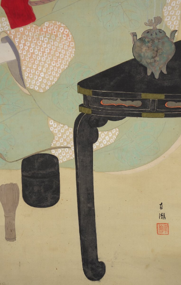 【模写】 蔵壷◆『南潮 茶道美人図』 1幅 古筆 古文書 古書 日本画 美人画 風俗画 茶掛軸_画像6