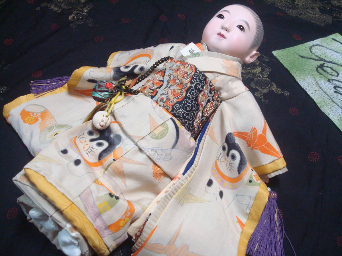市松さんビスクさん創作人形さんに・10号男の子・アンテーク狛犬など玩具柄お着物セット・”花吹雪！”の画像1