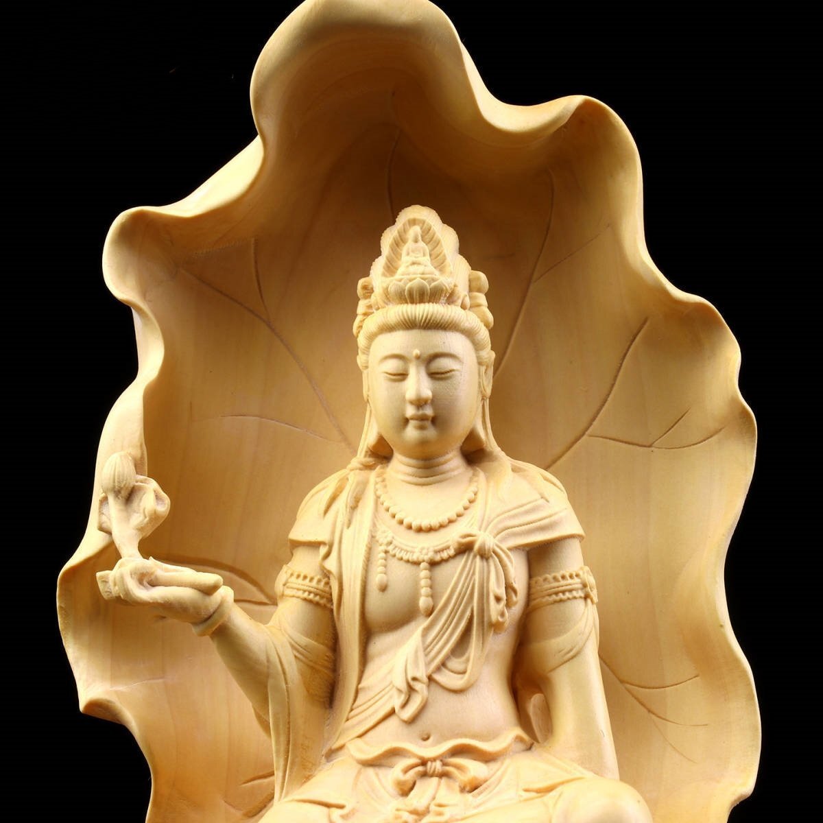 木彫仏像 自在観音菩薩 仏師彫り 招財開運 仏教工芸品 精密彫刻 高さ18cmの画像4