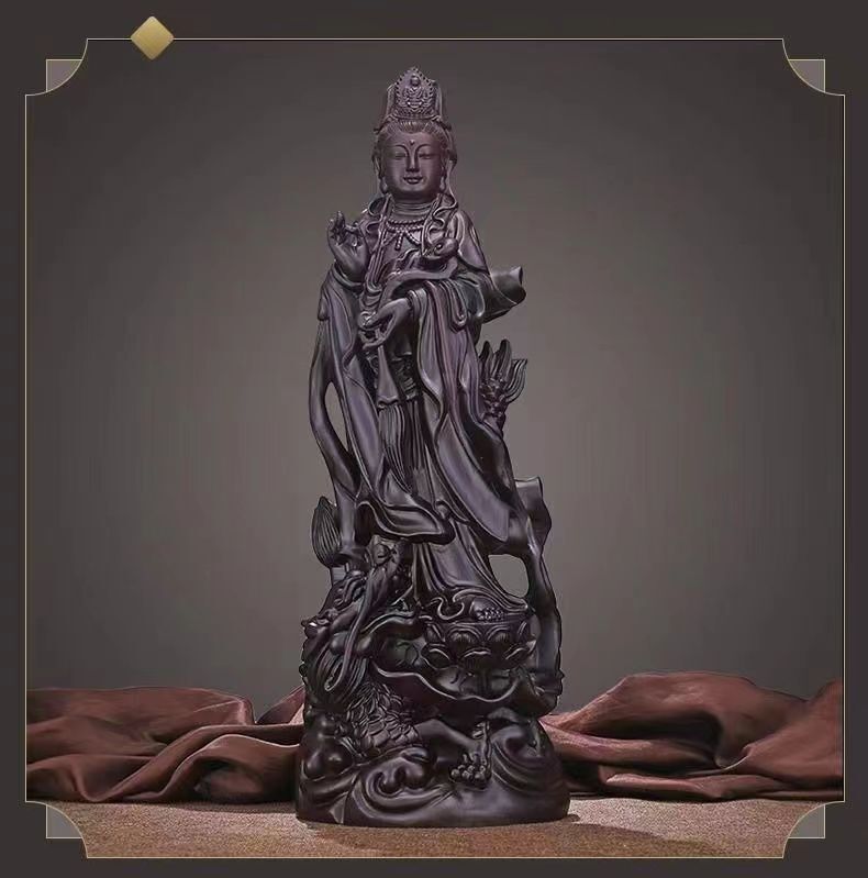 美品★仏教美術 精密細工 木彫り 黒檀木 観音菩薩立像 仏像 置物 高さ30cm_画像1