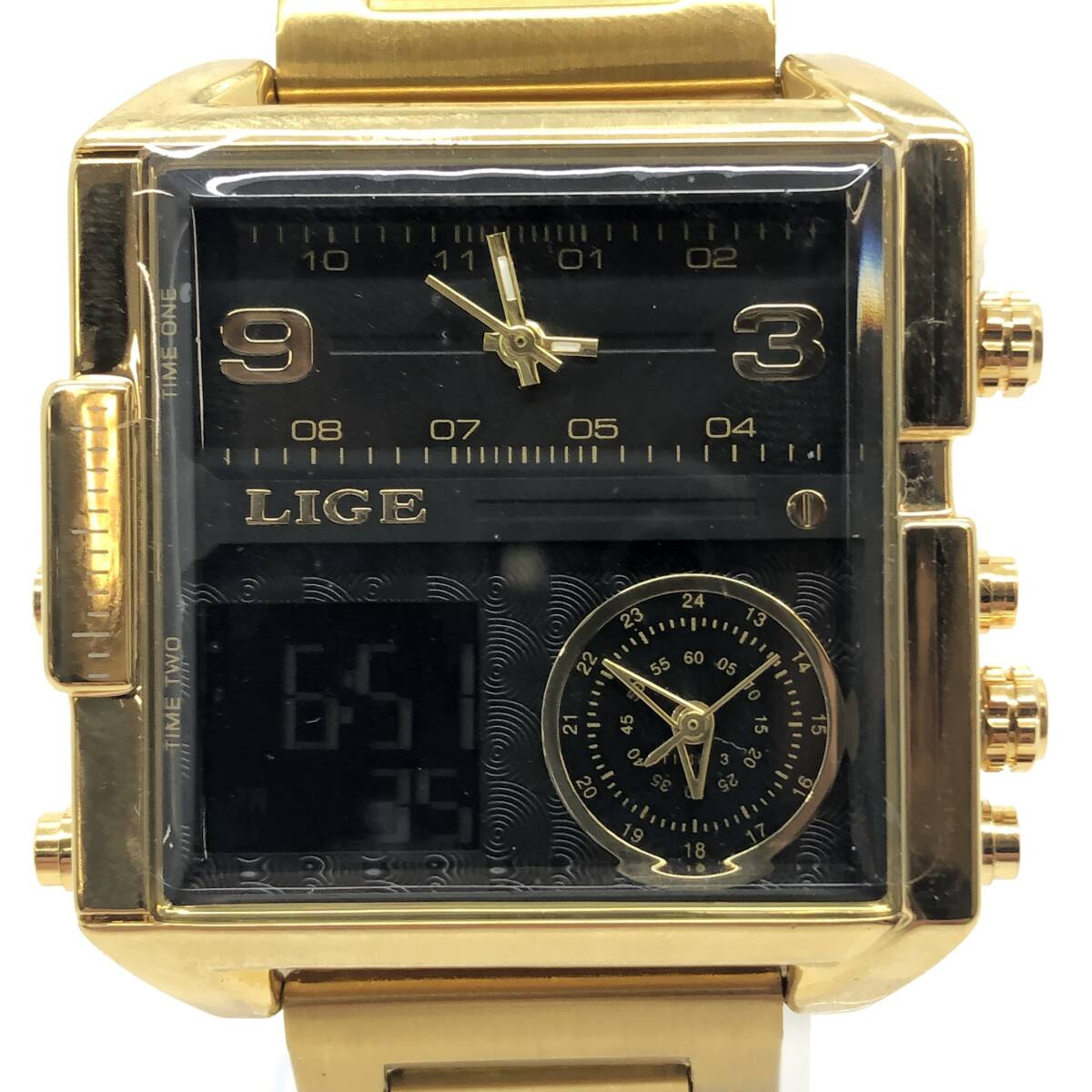 LIGE オマージュウォッチ QZ クォーツ スクエア 稼働品 現状品 ゴールド デジタル メンズ 時計 腕時計 保護フィルム付_画像2