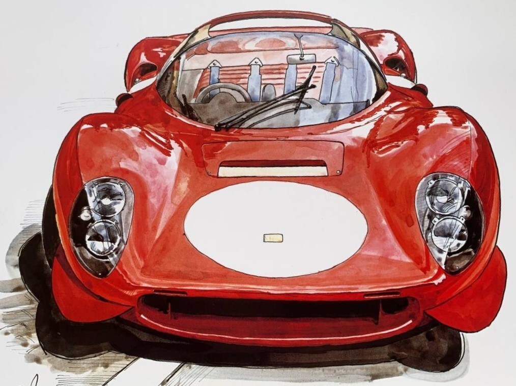 ■BOW。池田和弘『Ferrari Dino 206 SP』B5サイズ 額入り 貴重イラスト 印刷物 ポスター風デザイン 額装品 アートフレーム 旧車_画像2