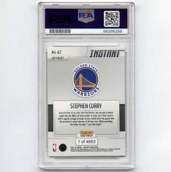 PSA10 GEM MT Stephen Curry 2021 Panini Instant #62 ステフィン・カリー PSA鑑定カード 3ポイントシュート成功数NBA新記録 記念カード_画像2