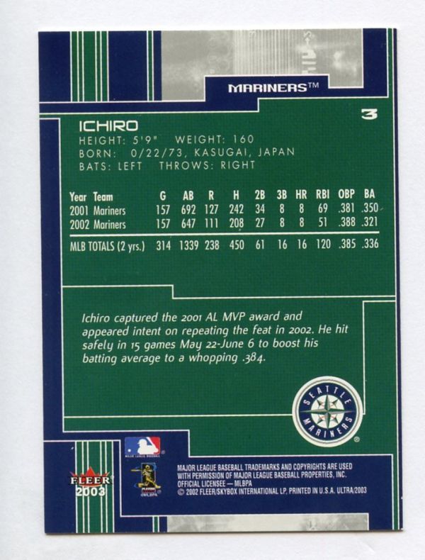 [MLB カード] イチロー ICHIRO 2003 Fleer Ultra #3_画像2