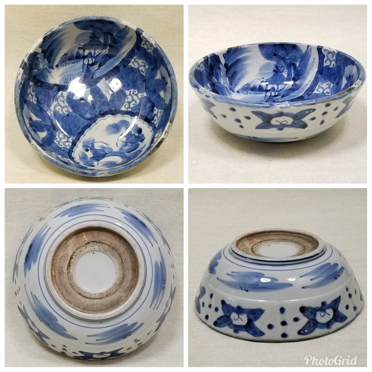 年代物 古伊万里 有田焼 染付け 唐草風景 22cm 深鉢 皿 (u4-1 染付 売場 古伊万里 有田焼 蔵出し 通り物 陶芸