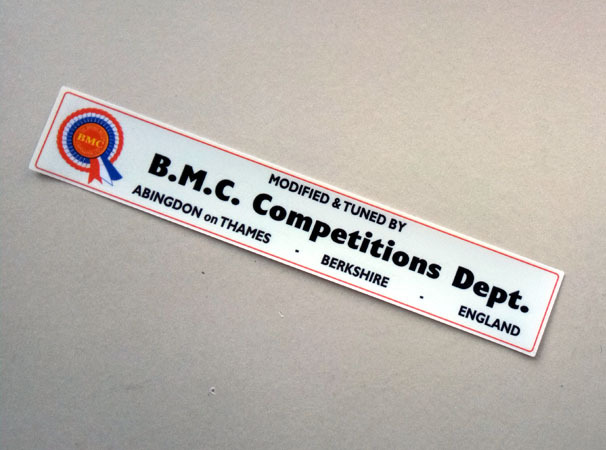 BMC コンペティション デパートメント リアウィンドーステッカー　1960年代　白 内貼り　ミニ、MG、オースチンヒーレーなどBMC車_粘着剤が付いた面の画像