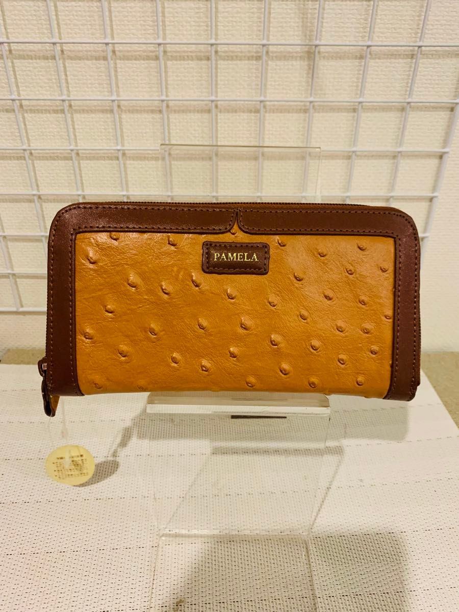 【未使用美品タグ付き】 PAMELA パメラ　オーストリッチ　長財布 ラウンドファスナー　レザー　カード類大容量　母の日プレゼント