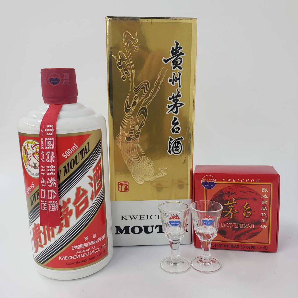 M100064(044)-611/OT23000 酒 貴州茅台酒 MOUTAI KWEICHOW 2018 マオタイ酒 天女ラベル 53％ 500ml ミニグラス・箱付きの画像1