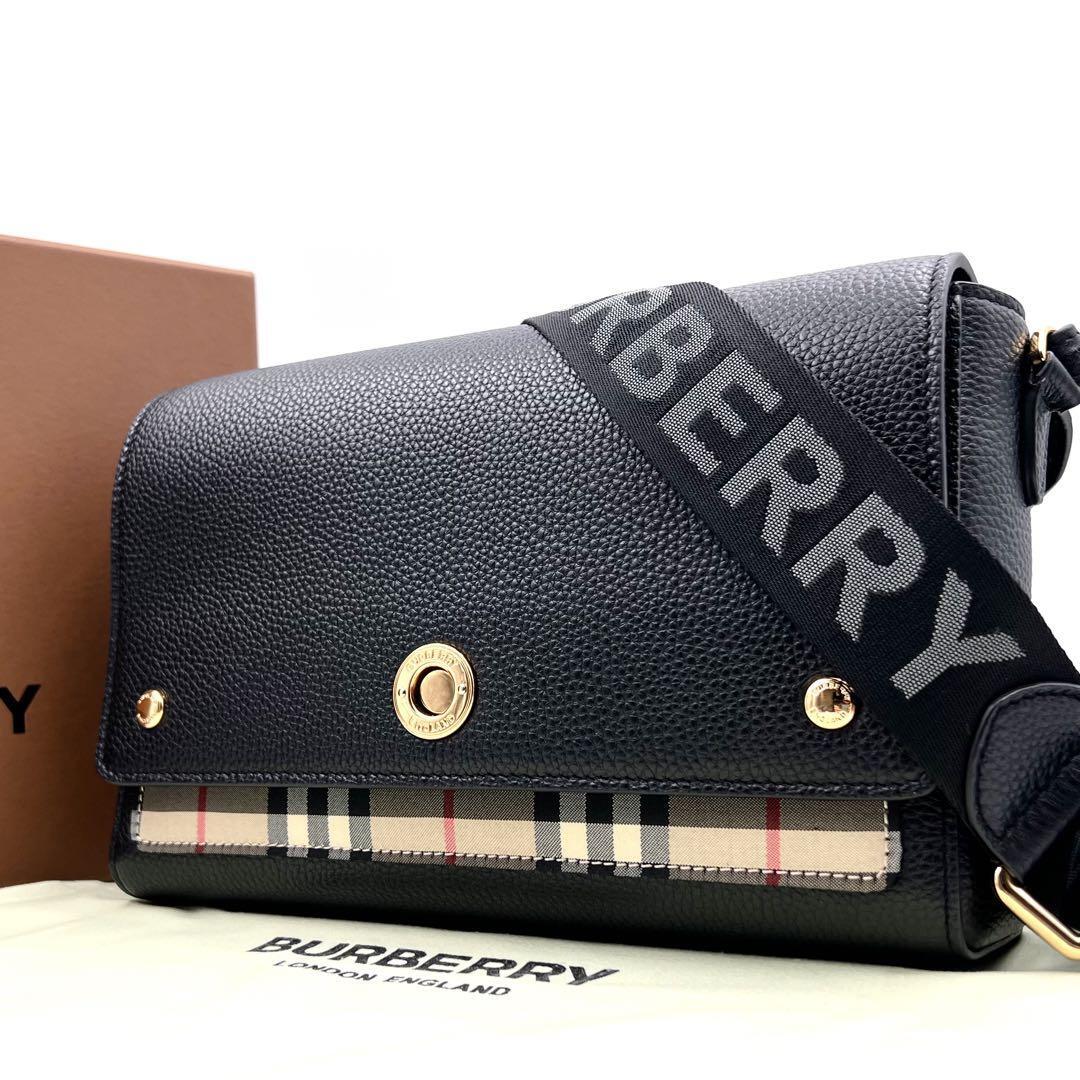 《極美品/現行》箱付/定価19万 BURBERRY バーバリー ノバチェック レザー ノートバッグ ショルダーバッグ テープロゴ 肩掛け クロスボディ