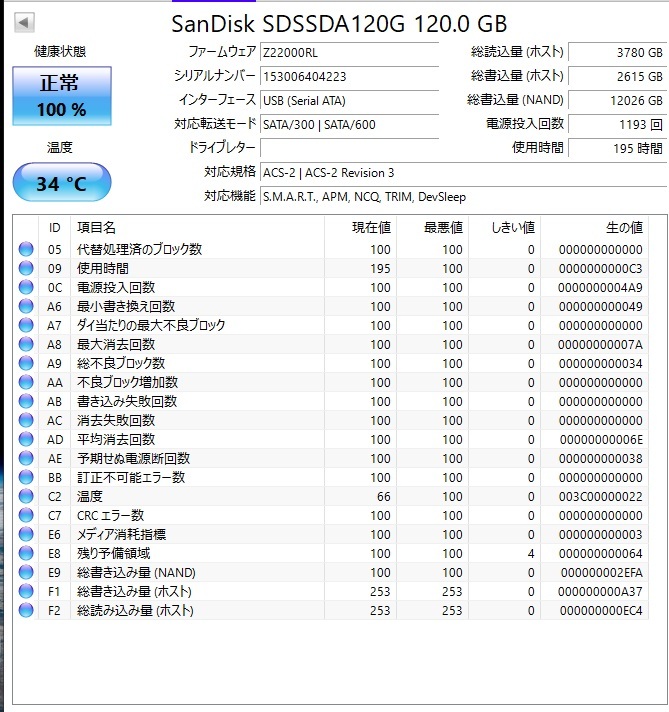 ★☆SanDisk　SSD　PLUS　2.5インチ　120GB　SATA3(6Gb/s)　R:520MB/S　W:180MB/S　中古★☆　_画像4