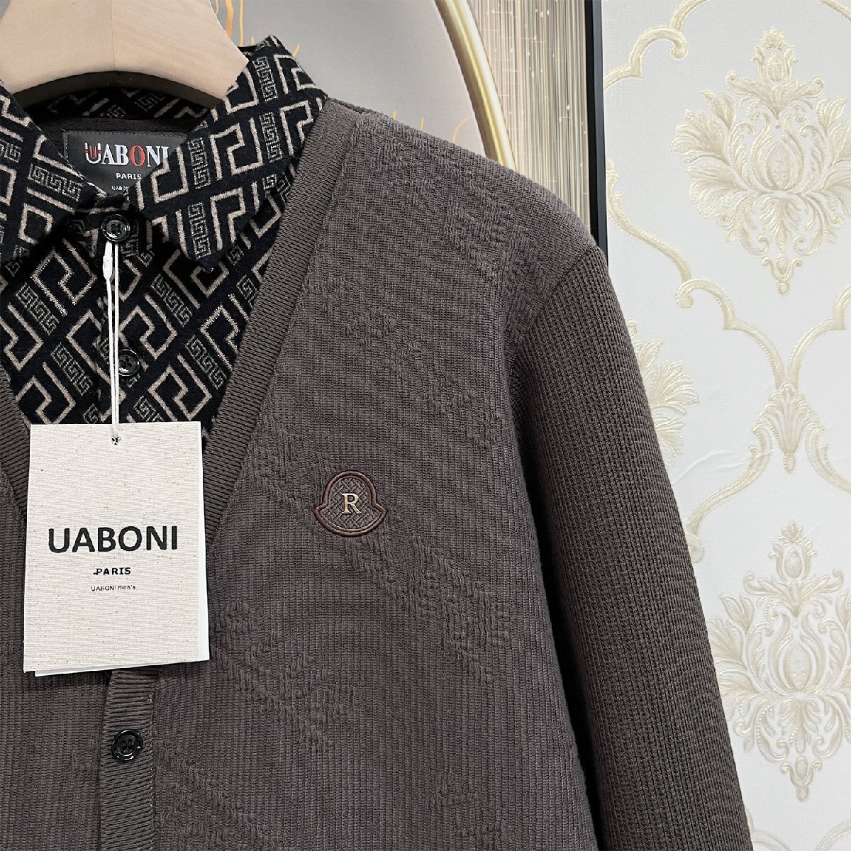 上品EU製＆定価5万◆UABONI*Paris*長袖ポロシャツ*ユアボニ*パリ発◆高級 裏起毛 防寒 快適 切替 ニット レトロ 通勤 紳士 ビジネス XL/50_画像8