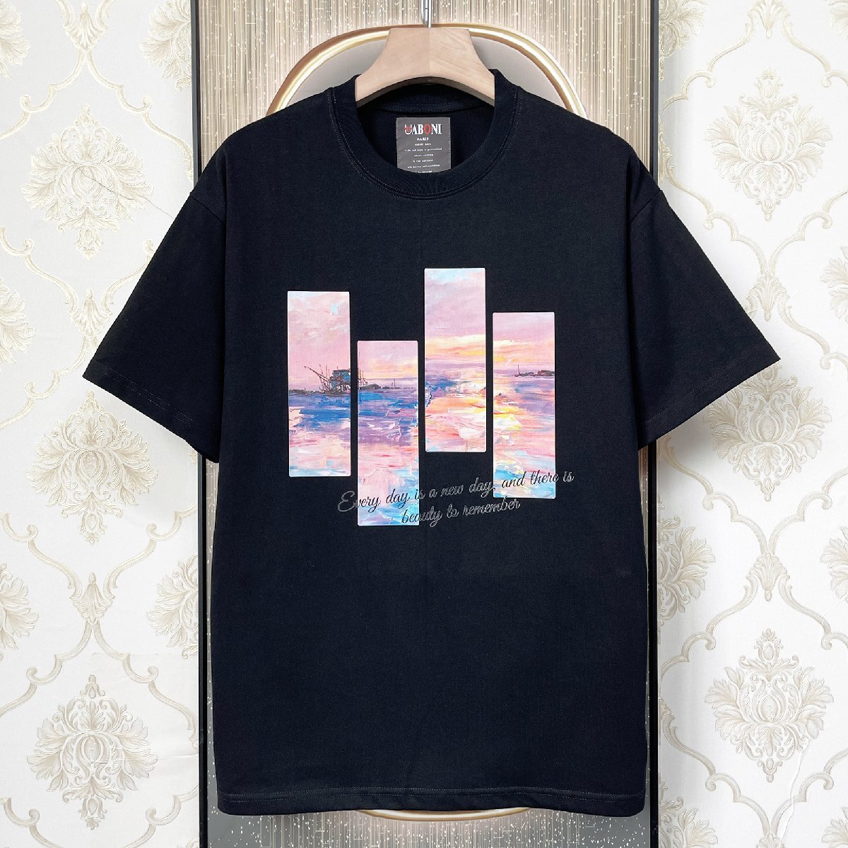 定番EU製＆定価2万◆UABONI*Paris*半袖Tシャツ*ユアボニ*パリ発◆上質コットン 個性 ゆったり 英字 油絵 シンプル おしゃれ 2XL/52サイズ_画像1