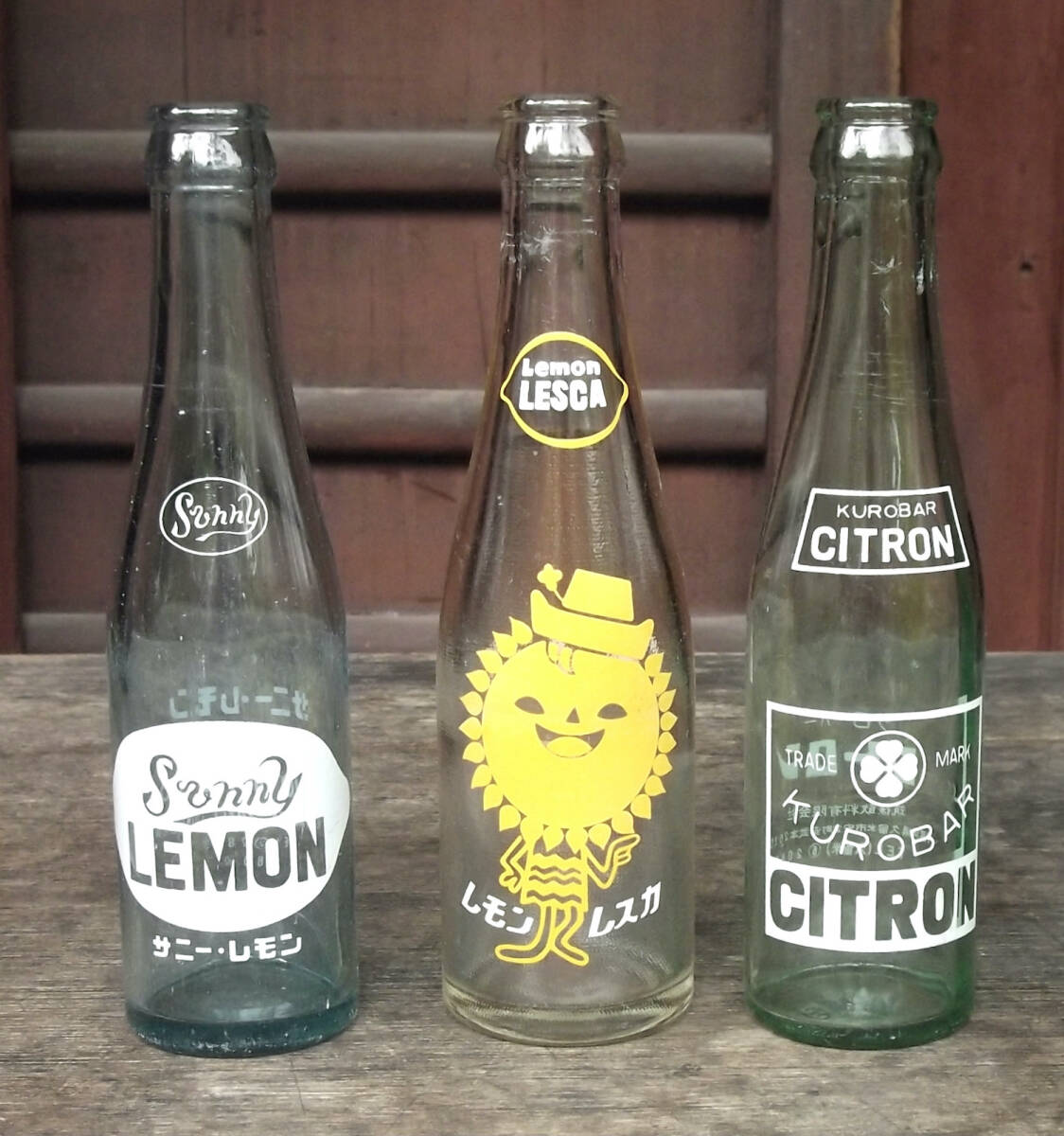昭和 レトロ ジュース ガラス 空き瓶 ボトル 3本 レモンレスカ サニーレモン クローバーシトロン 炭酸飲料 サイダー ラムネ色 ビンテージ