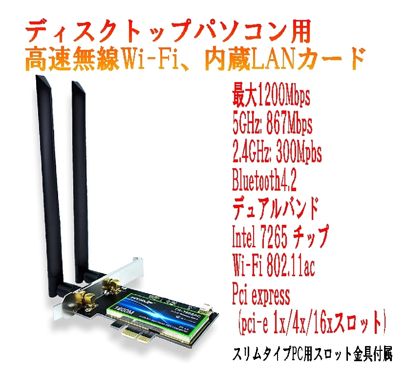 無線LANカード PCIe WiFiカード 1200Mbps Bluetooth 4.0対応の画像1