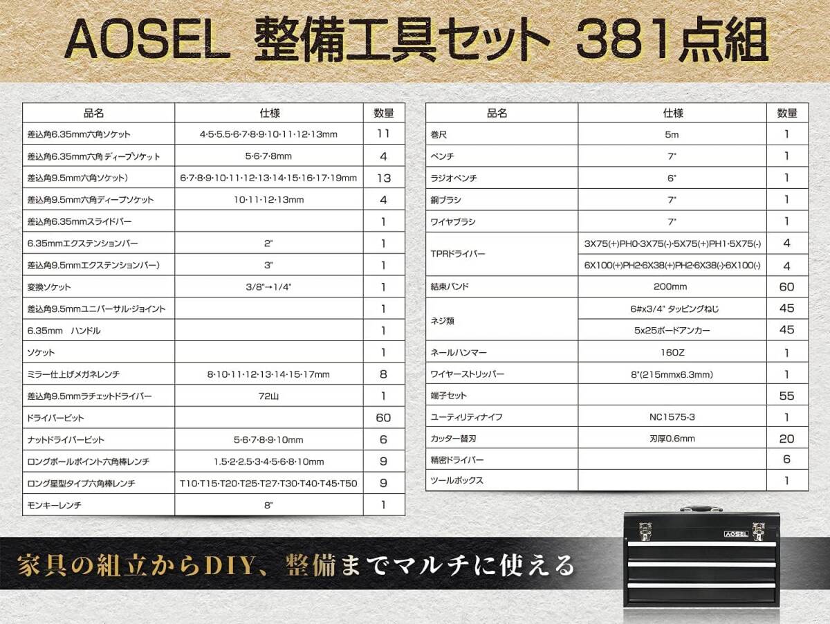 工具セット 381点組 ホームツールセット DIY用 家具の組み立て 日曜大工 作業工具 収納ケース付きの画像5