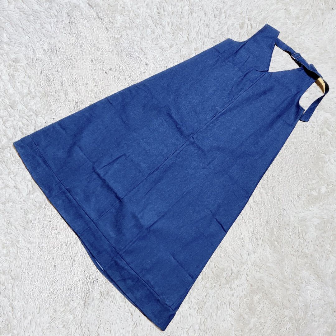 デニム マキシワンピース ジャンパースカート　Aライン　ネイビー　インディゴ　藍色　M