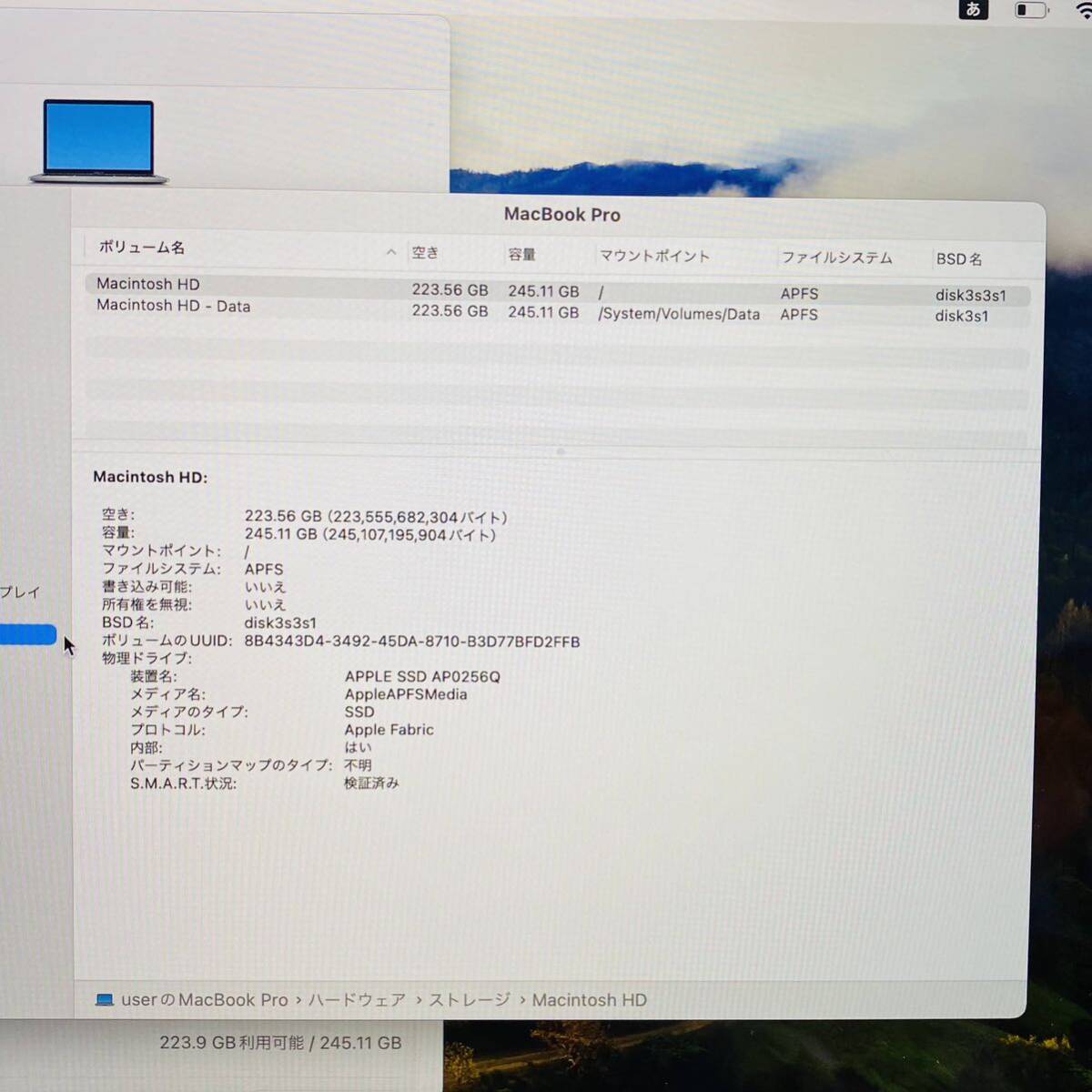 MacBook Pro 　M1 　2020 　8C CPU/8C GPU 8GB 256GB 充放電回数172回 　　充電器付属　 i17980　80サイズ発送　