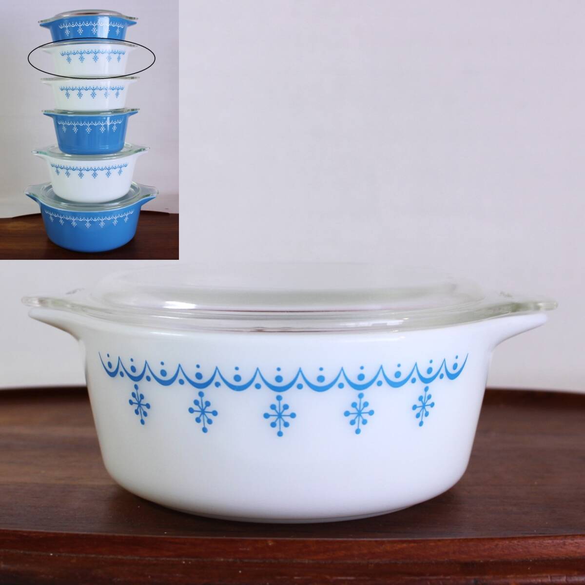 [ free shipping ]* Old Pyrex Pyrex kya Serow ru white snow flakes cover attaching Vintage America made 2