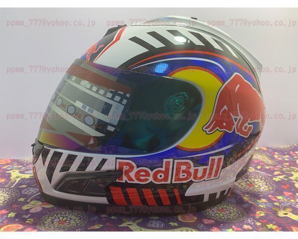 激安から★新品☆MALUSHUN日本未発売ア風REDBULLレッドブルフルフェイスヘルメットライオンロードサイズL即決アリ_レインボーシールド装着例