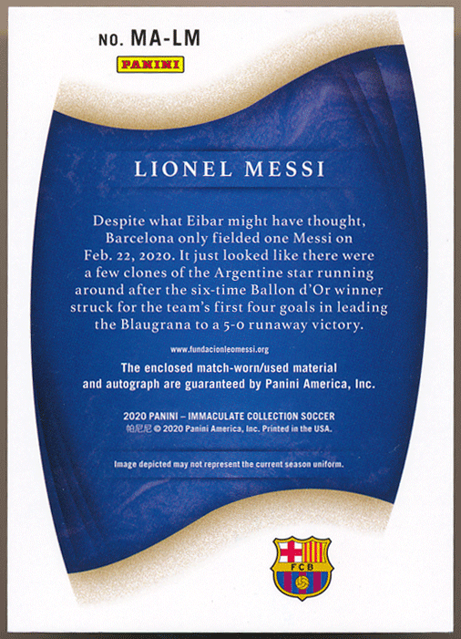 Lionel Messi 2020 Panini Immaculate Collection Memorabilia Signature Patch Auto 25枚限定 パッチオート リオネル・メッシの画像2