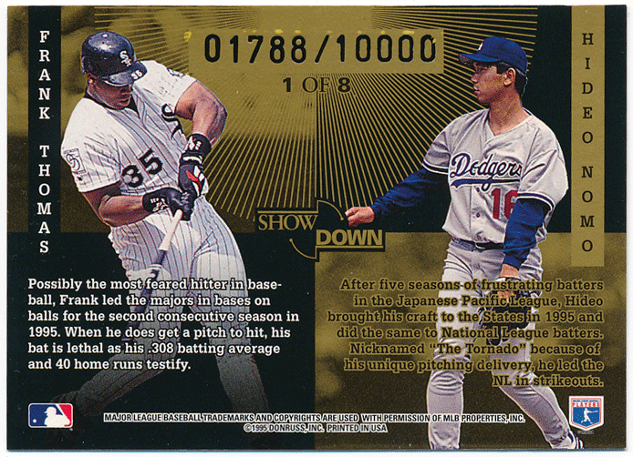 野茂英雄 / フランク・トーマス MLB 1995 Donruss RC Rookie Show Down ルーキーカード Frank Thomas / Hideo Nomoの画像2
