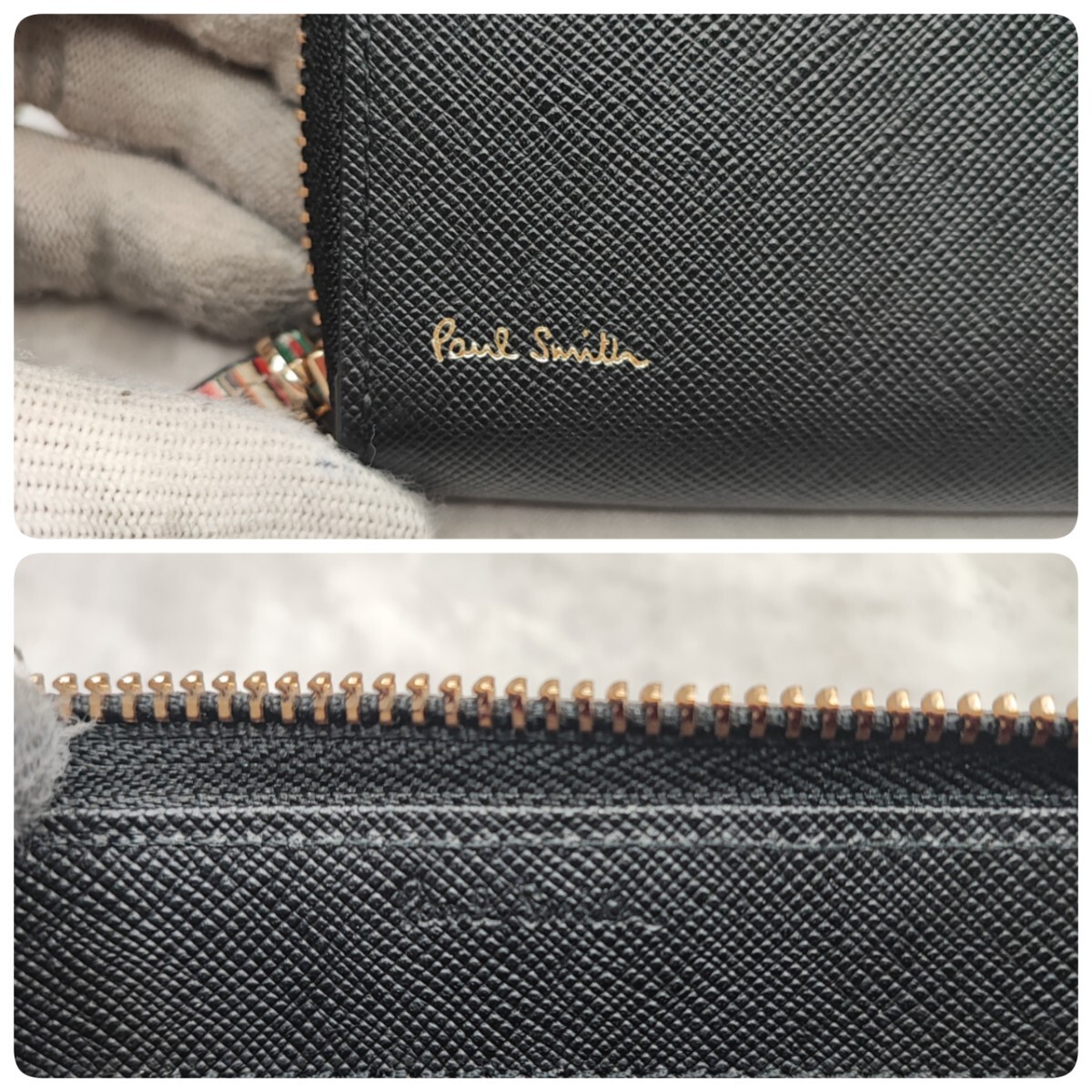 未使用級/近代モデル●ポールスミス Paul Smith メンズ 長財布 ラウンドファスナー マルチストライプ ロゴ プリント PVCレザー 黒 ブラック