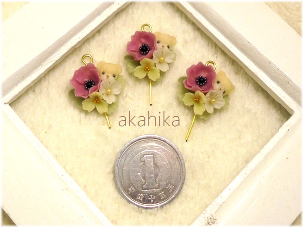 akahika*樹脂粘土花パーツ*ちびくまブーケ・アネモネと小花・ピンクの画像4