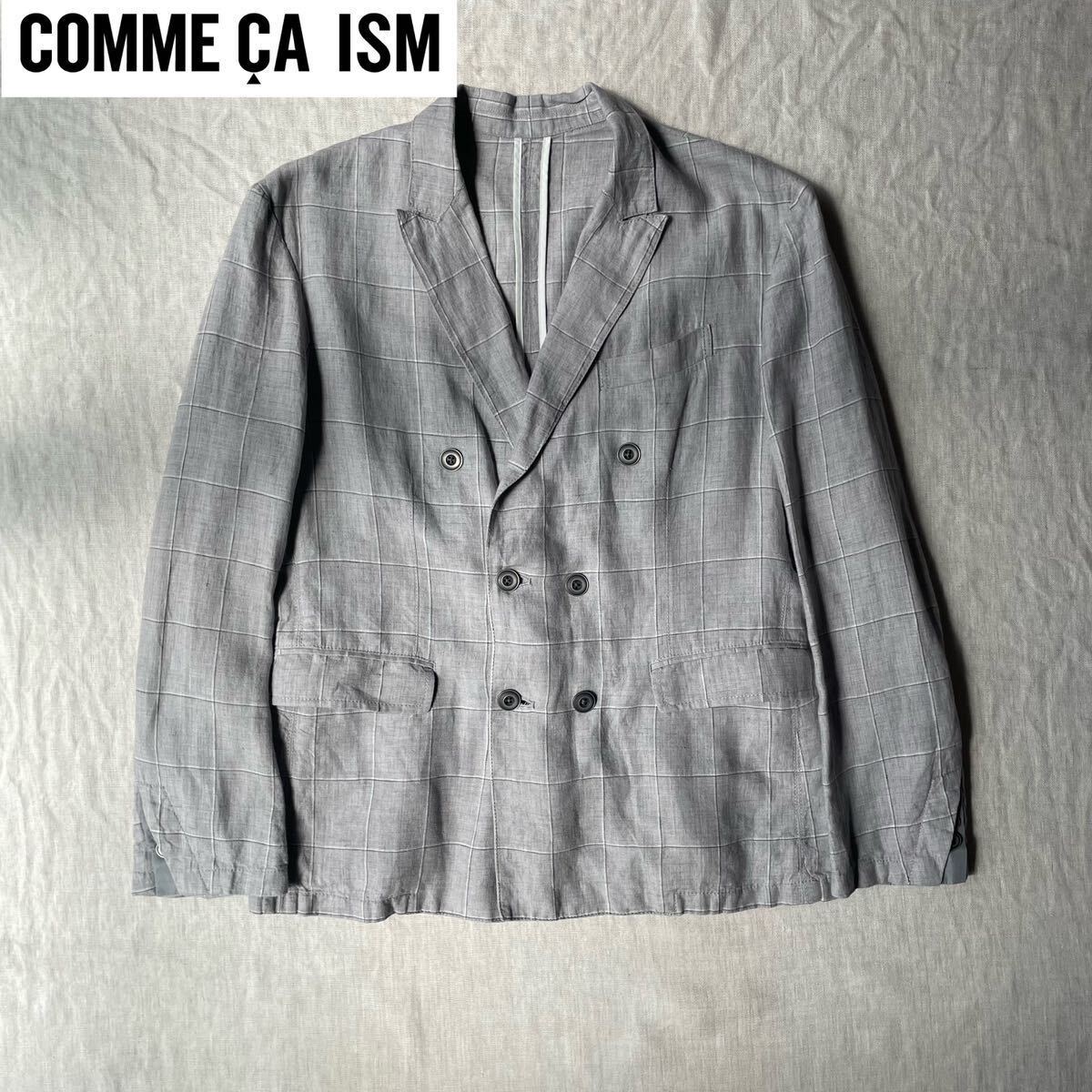 【アーバンスタイル】COMME CA ISM リネン ダブルブレスト テーラードジャケット グレー チェックの画像1
