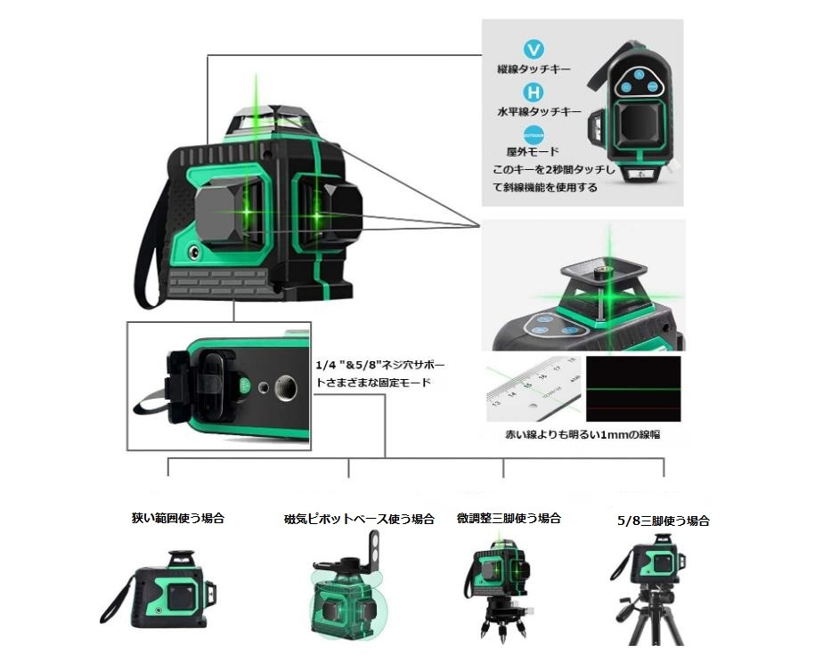 12ライン グリーン レーザー墨出し器 3D墨出器/墨出し機水平器/測定器/墨だし器 自動補正機能 高輝度 高精度 360°4方向大矩照射 三脚付き_画像5