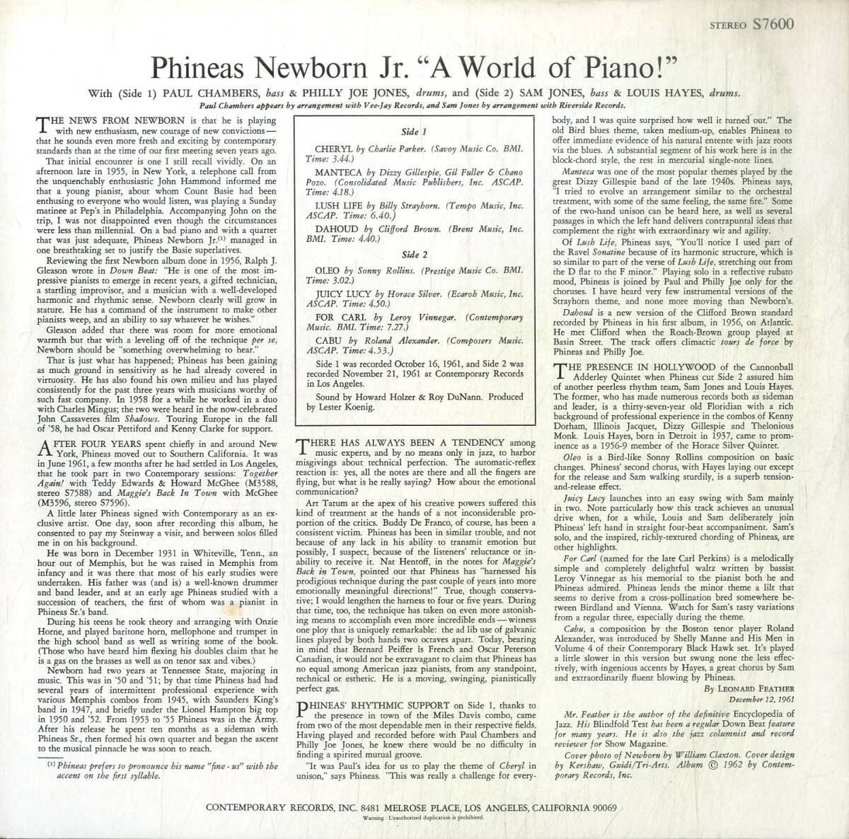 A00590513/LP/フィニアス・ニューボーン (PHINEAS NEWBORN Jr.)「A World Of Piano! (P-7594・バップ)」の画像2