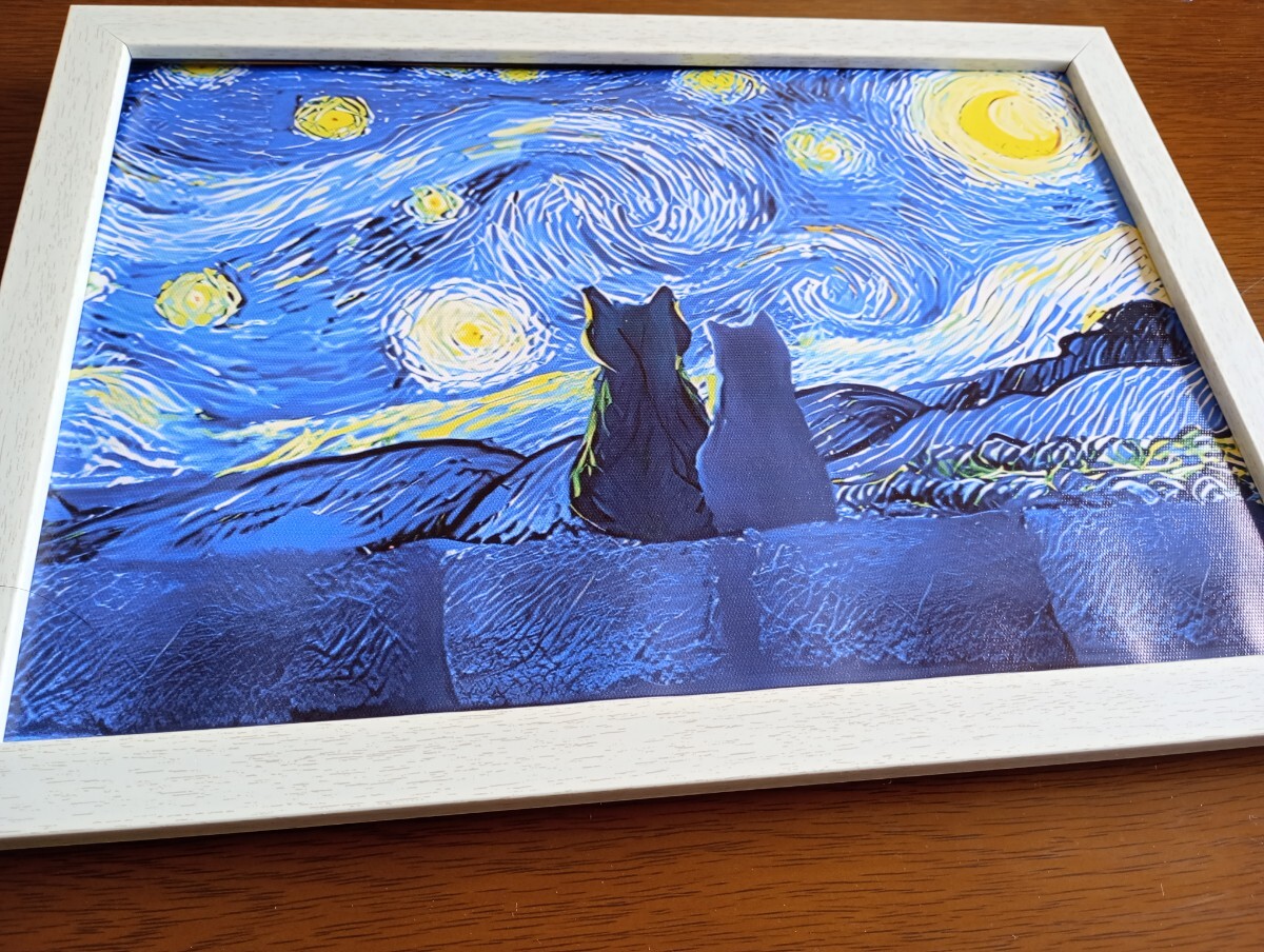 【フレーム付】キャンバスアート《癒やしのインテリア》A4ポスター 星月夜×2匹の黒猫 現代アート インテリア アートの画像9