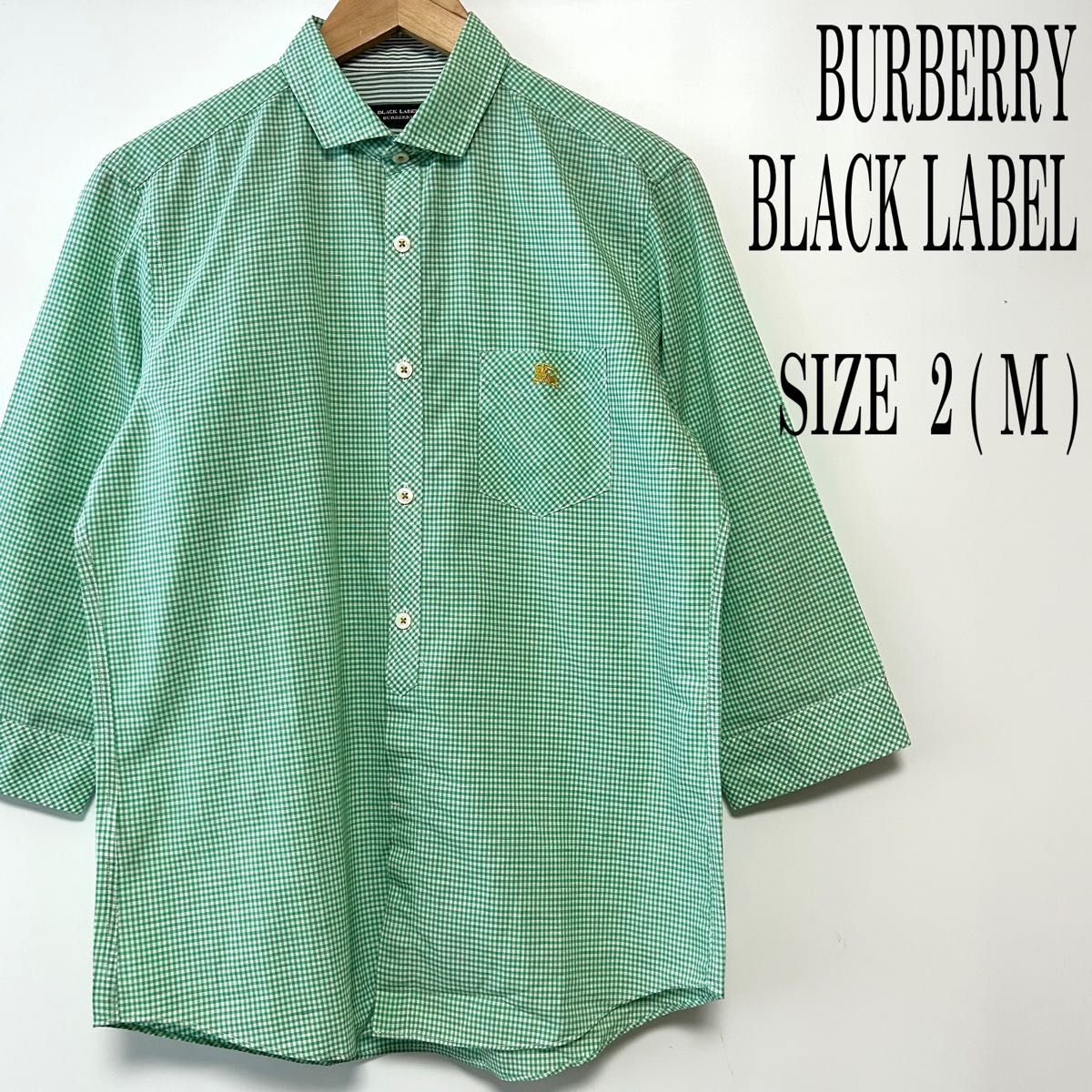 【美品】BURBERRY BLACK LABELバーバリーブラックレーベル 綿麻 麻混 ロゴ刺繍 七分袖ギンガムチェックシャツ