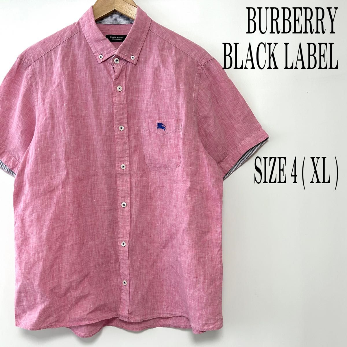 BURBERRY BLACK LABELバーバリーブラックレーベル ロゴ刺繍 半袖麻 リネンシャツ ピンク XL 4