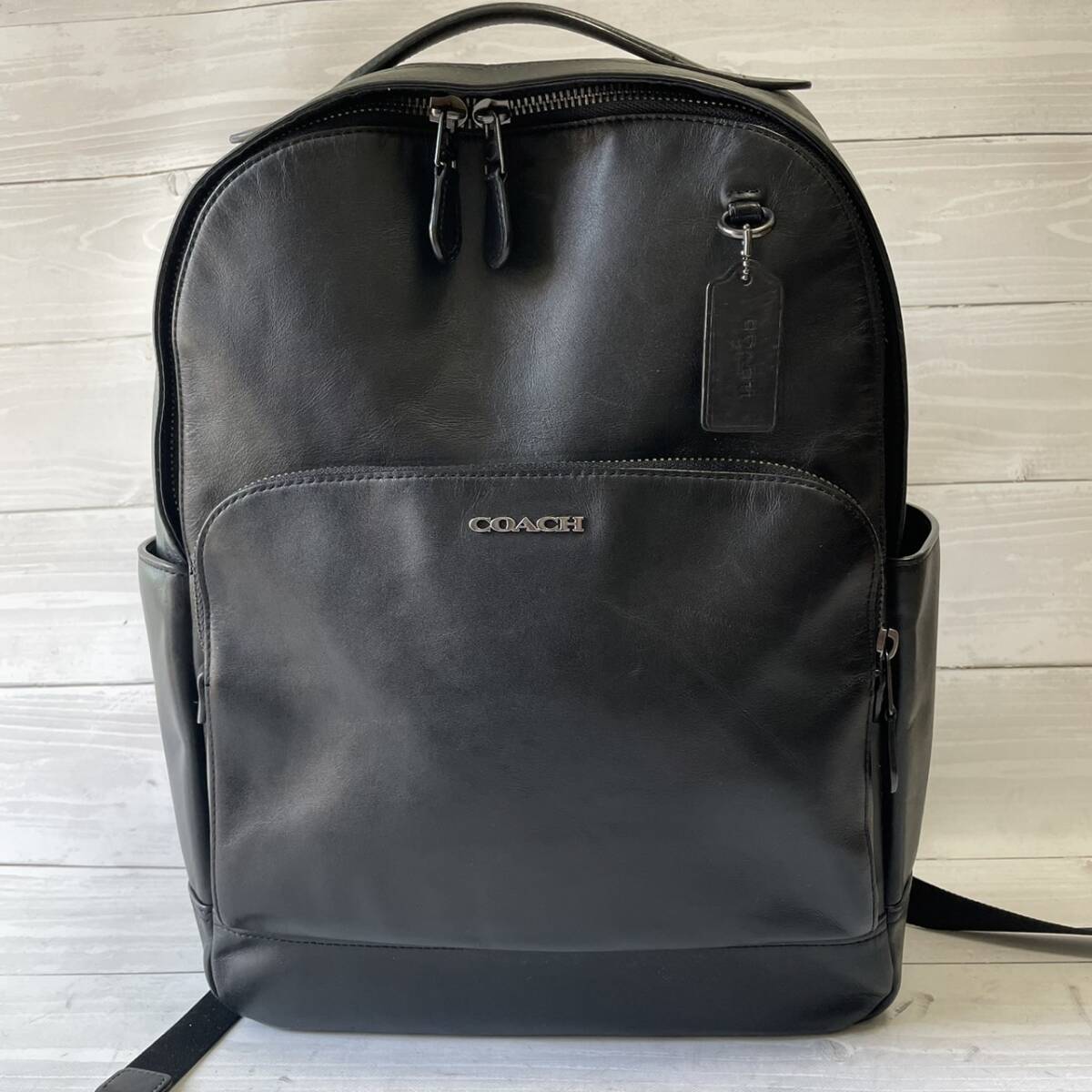 【極美品・現行】coach コーチ リュック グラハム 本革 レザー ブラック 黒 ビジネスバッグ バックパック メンズ バック 仕事 鞄 A4収納可