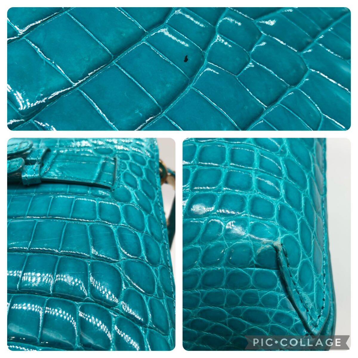1 иен ~ крокодил сумка на плечо редкий цвет бирюзовый сияющий обработка настоящий черный kowani кожа . кожа 2WAY держать рука 2 вид прекрасный товар 