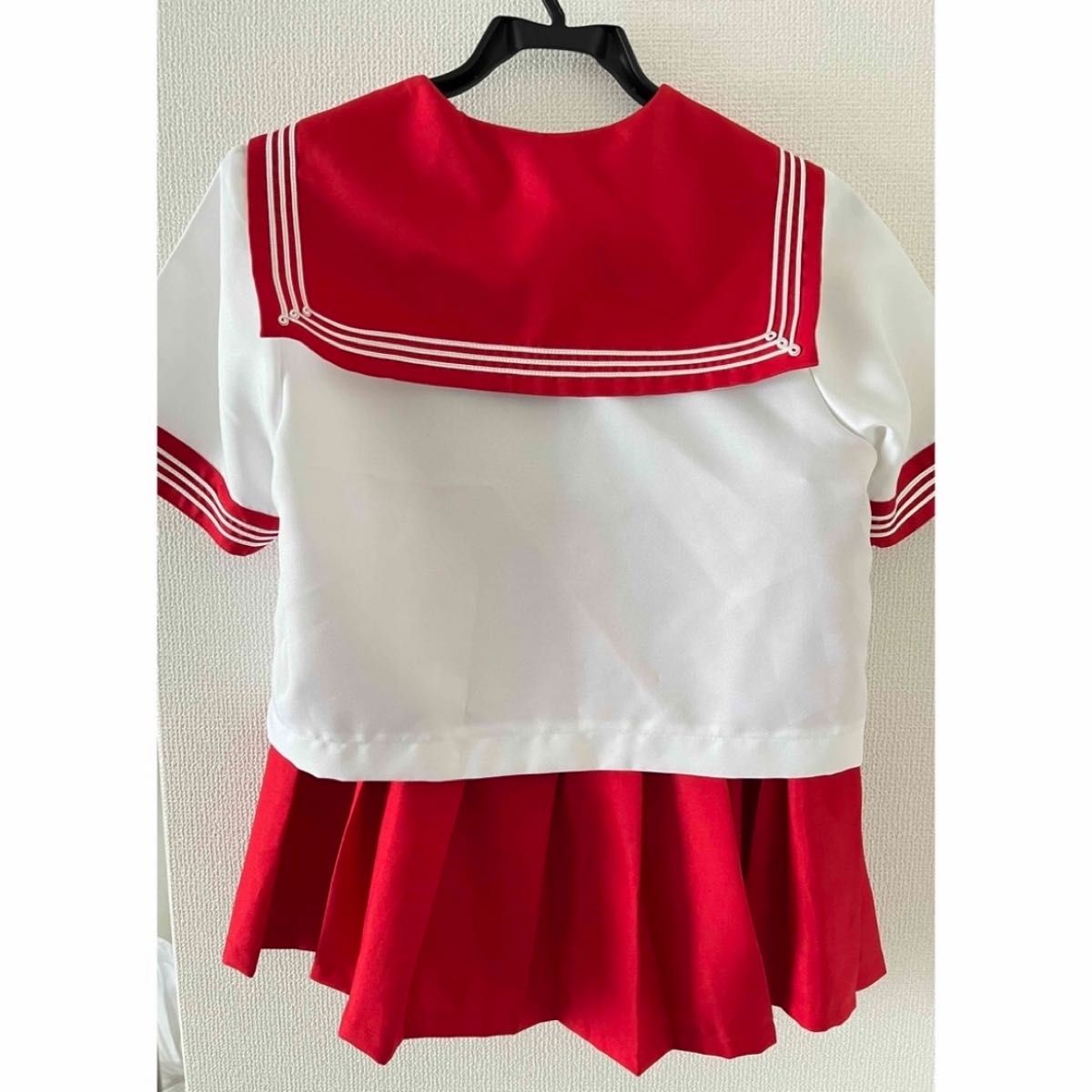 セーラー服　赤　リボン付き コスプレ　Lサイズ 古着  制服 夏物 学生服 女子 半袖 衣装 白