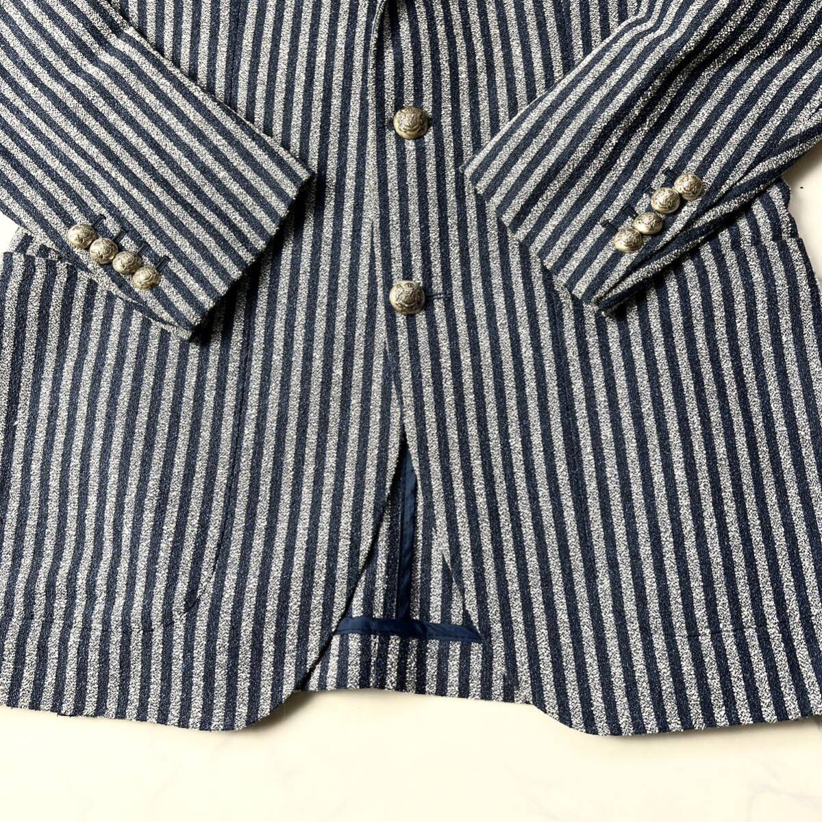 B27 Tagliatore [ one .. goods .] silver button tailored Anne navy blue jacket stripe wool cotton navy 44 S TAGLIATORE