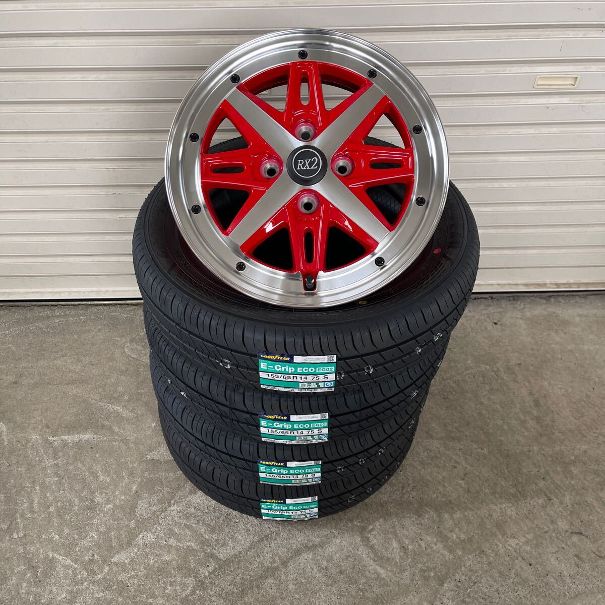 RX2◆ 新品グッドイヤーEG02◆155/65R14◆NBOXタントムーヴワゴンRラパンアルトトコットスペーシアデリカミニレッドポリッシュ_画像1