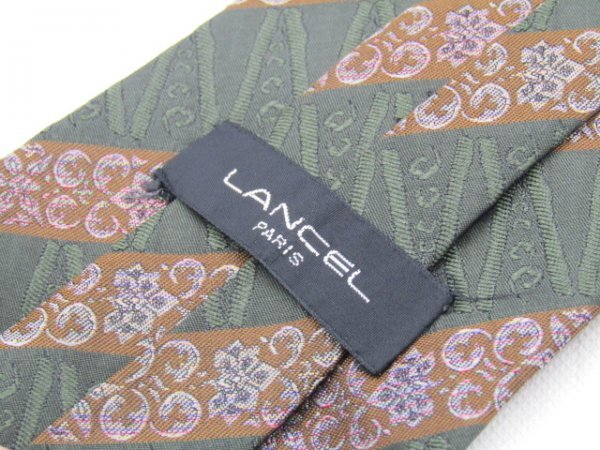 【ランセル】 OC 303 ランセル LANCEL ネクタイ 緑 茶系 ストライプ 植物柄 ジャガードの画像3