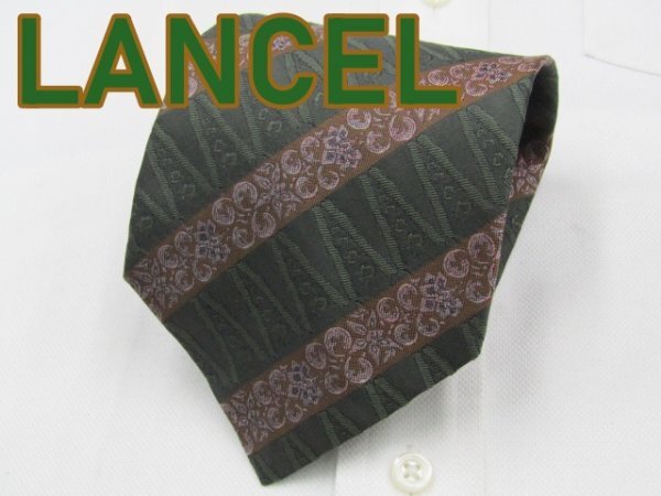 【ランセル】 OC 303 ランセル LANCEL ネクタイ 緑 茶系 ストライプ 植物柄 ジャガードの画像1