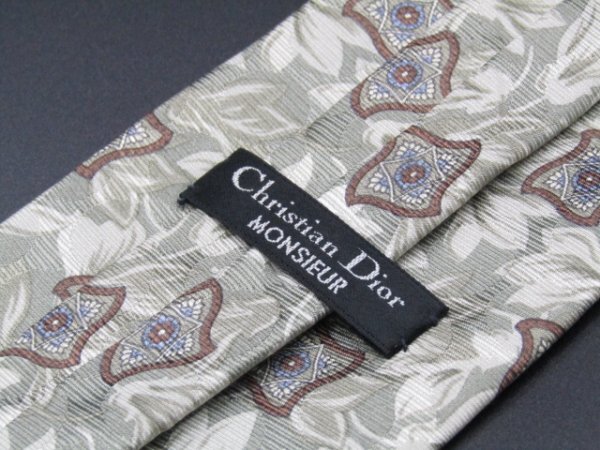 【ディオール】 OC 349 クリスチャン・ディオール Christian Dior ネクタイ グレー系 植物柄 ドット プリント_画像3