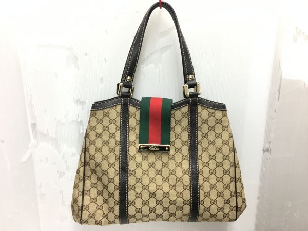 !! GUCCI グッチ シェリーライン トートバッグ ベージュ ジャガード レザー ハンドバッグ 213317の画像1